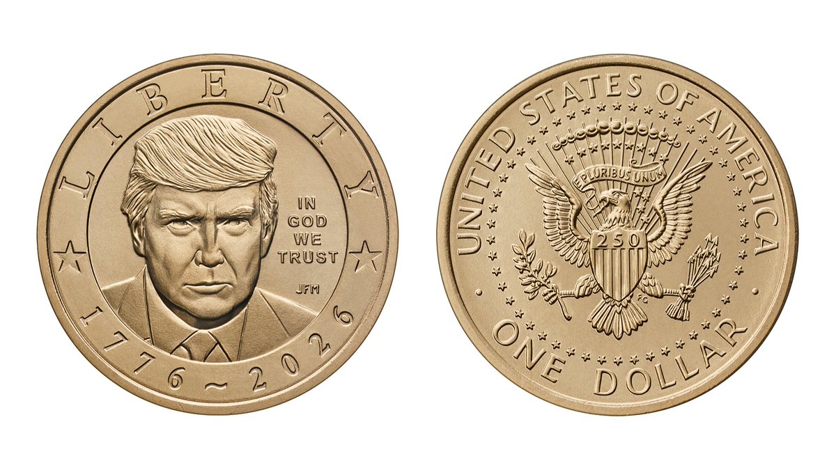 Gold coin featuring President Trump on the obverse with 'LIBERTY', 'IN GOD WE TRUST', and '1776-2026'. Reverse shows the Great Seal of the United States with 'UNITED STATES OF AMERICA', 'E PLURIBUS UNUM', '250', and 'ONE DOLLAR'.